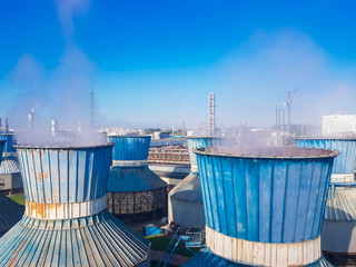 Chemical plant. Large chemical plant. Bird's-eye. Equipment for a petrochemical plant. Plant for the pollution of nature. Vapors in the air. Harmful chemistry