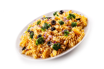 Fusilli pasta with bacon and broccoli on white background