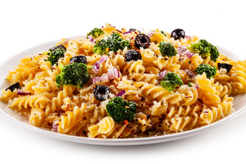 Fusilli pasta with bacon and broccoli on white background