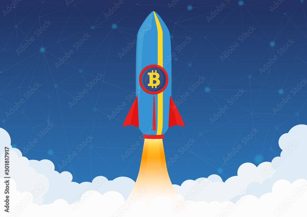 Aufkleber bitcoin cryptocurrency concept. rocket flying to the moon with bitcoin icon. crypto market rising. n