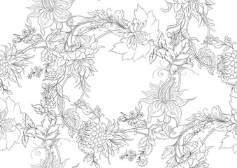 Fantasy flowers in retro, vintage, jacobean embroidery style. Seamless pattern, background. Outline hand drawing vector illustration..