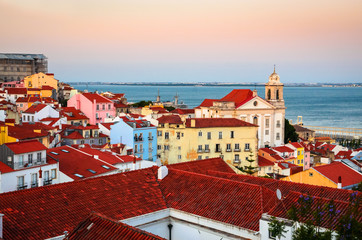 Beautiful panoramic view of  old district Alfama, Lisbon, Portugal