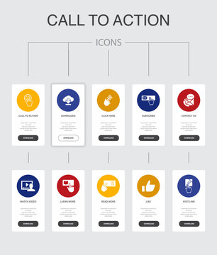 Call To Action Infographic 10 Steps UI Design.download, Click Here, Subscribe, Contact Us Simple Icons