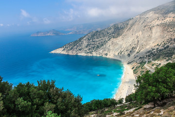 Myrtos beach, Kefalonia island, Greece. Ionian sea. Blue flag beach. The view from the top.