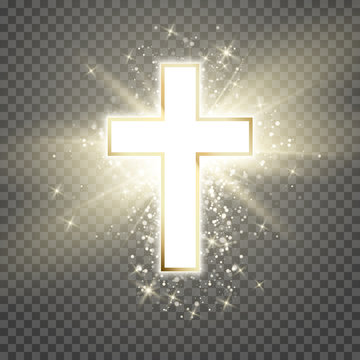 White Cross with golden frame and shine symbol of christianity. Symbol of hope and faith. Vector illustration isolated on transparent background