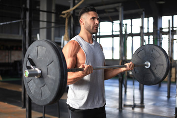 Muscular man working out in gym doing exercises with barbell at biceps.