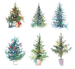 Decorated christmas tree New year Watercolor illustration Water color drawing