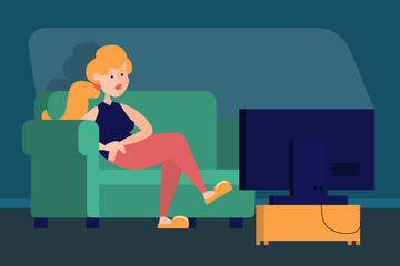 Woman watching TV show at home. Person sitting on the sofa