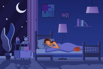 Young tired woman sleeping in bed covered with quilt. Student female sleep at night in dark bedroom interior cartoon flat vector illustration