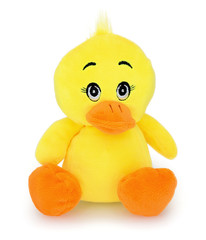 Duck plushie doll isolated on white background with shadow reflection. Duckling plush stuffed...