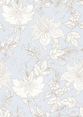 Fototapeta na wymiar Fantasy flowers in retro, vintage, jacobean embroidery style. Seamless pattern, background. Outline hand drawing vector illustration. In vintage blue and beige colors.
