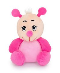 Cute stuffed honey bee plush toy. Plushie doll isolated on white background with shadow reflection. Bee plush stuffed puppet on white backdrop. Pinky soft plush bug animal toy.