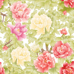 Peony tree branch with flowers in the style of Chinese painting on silk Seamless pattern, background. Colored vector illustration.  © Elen  Lane
