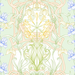 Spring flowers seamless pattern, background. Colored vector illustration. In art nouveau style, vintage, old, retro style. On tea green and pink background.