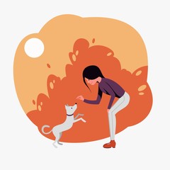 Girl plays with a small white dog on an abstract background. Flat vector illustration.