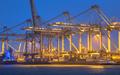 Container terminal at sunset