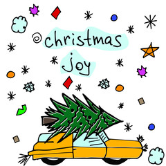 Happy New Year Vector cartoon illustration. Hand drawn typography poster. Xmas design. Bright colors. Creative hand drawn card for winter holidays with cute deer.