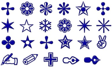 Shiny dark blue colored snow flake shapes with pen icons