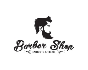 Barber shop logo template. Handsome man with beard and mustache. Scissors. Barber shop symbol.