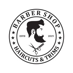 Barber shop logo template. Handsome man with beard and mustache. Scissors. Barber shop symbol.
