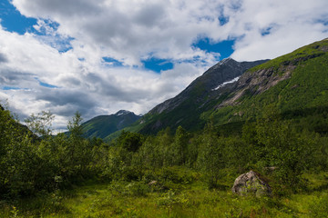 Boyabreen Glacier in Fjaerland area in Sogndal Municipality in Sogn og Fjordane county, Norway. July 2019