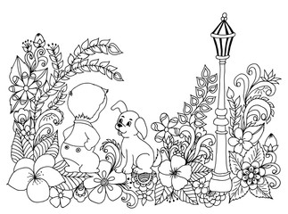 Vector illustration child with a puppy beside fonorya in the flowers. Dudling. Coloring book anti stress for adults. Black and white.