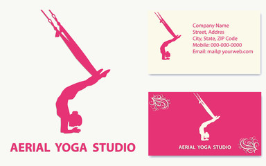 Aerial Yoga - business card with requisites, pink - silhouette girl hanging on a silk ribbon upside down - vector. Sport business.