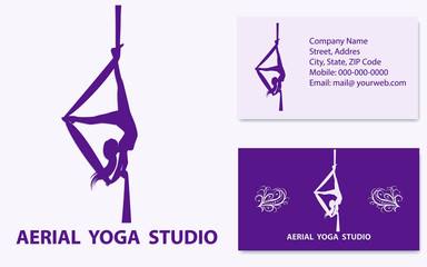 Aerial Yoga - business card with requisites, purple - girl silhouette, exercise on silk ribbon - vector. Sport business.