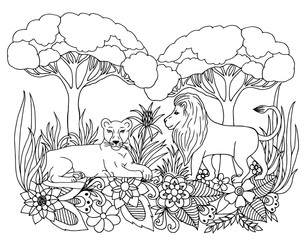 Vector illustration Lions family in flowers. Dudling. Book rasskraska, anti stress for adults. Black and white.