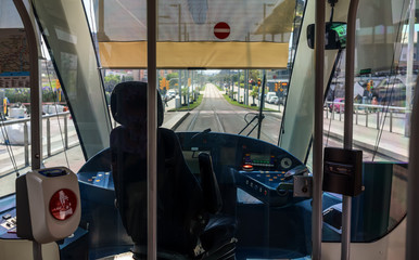 View from the cabin of a modern tram, electronic devices
