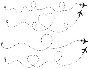 Airplane line path vector icon of air plane flight route with start point. Plane and its track on white background. Vector illustration.