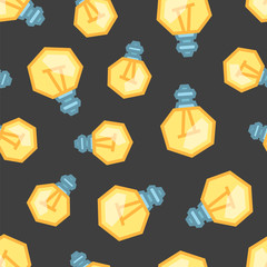 Yellow Light Bulbs seamless pattern. Color objects on dark background