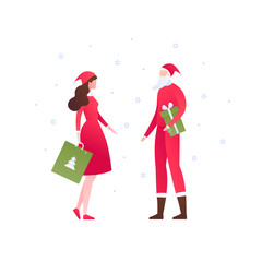 Vector flat christmas celebration people illustration. Man and woman in santa claus outfit with gift bag, box and snow sign on white background. Holiday concept. Design element for banner, poster, web