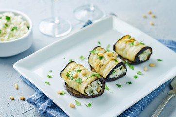 Rice pine nuts cilantro goat cheese stuffed eggplant rolls