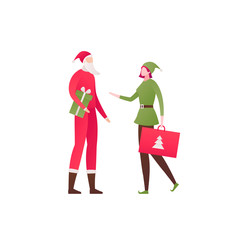 Vector flat christmas celebration people illustration. Man and woman in santa claus and elf outfit with gift bag, box on white background. Holiday concept. Design element for banner, poster, web
