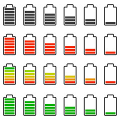 Battery charge icons set. Various styles of performance and color filling the energy consumption scale. Vector on a white background