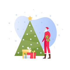 Fototapeta na wymiar Vector flat christmas celebration people illustration. Man in santa claus outfit with stack of gift box and decorated tree isolated on white background. Holiday concept. Design for banner, poster, web