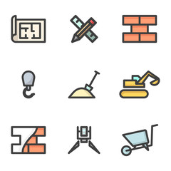 Set of construction icons. Various stages of construction, design, layout, construction. Color performance. Vector on a white background