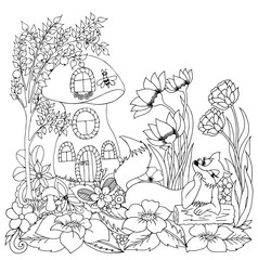 Vector illustration fox in the mushroom house in the flowers. Doodle drawing. Meditative exercises. Coloring book anti stress for adults. Black and white.