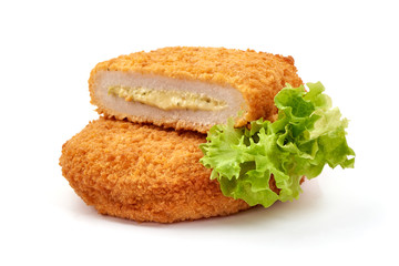Chicken cordon bleu with cheese in breadcrumbs, swiss food, isolated on white background