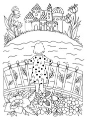 Vector illustration girl on the bridge in flowers the river looking at the castle. Doodle drawing. Meditative exercises. Coloring book anti stress for adults. Black and white.