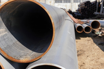 Steel pipe rolled products  in the warehouse of metal products