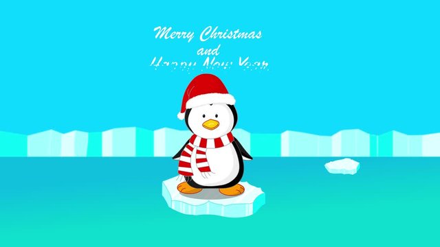 2021 Noel xmas loop. Merry christmas, happy new year animation.  Cartoon penguin trying to fly. Penguin in christmas, santa hat and scarf. Looping moving ice tower. Wave motion video.  4k footage