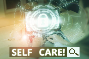 Writing note showing Self Care. Business concept for the practice of taking action to improve one s is own health Picture photo network scheme with modern smart device