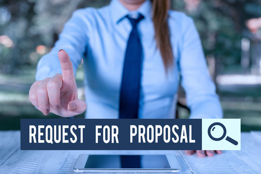 Handwriting text writing Request For Proposal. Conceptual photo document contains bidding process by agency or company Female business person sitting by table and holding mobile phone