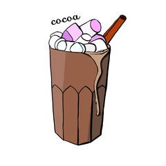 Glass of cocoa and a cup of coffee with marshmallows for a cafe menu in the vector
