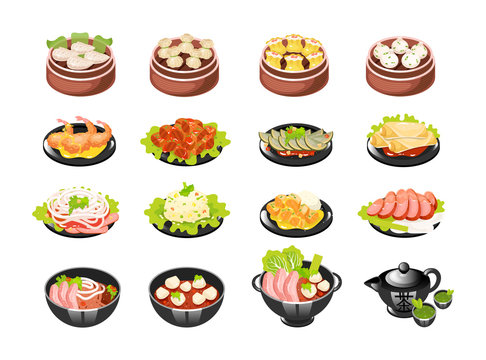 Chinese dishes color icons set. Dim sum types with meat and vegetables filling. Spring rolls and vegetable salad. Eastern traditional cuisine. Noodle spicy soup. Isolated vector illustrations