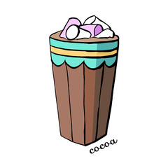 Glass of cocoa and a cup of coffee with marshmallows for a cafe menu in the vector drink for children isolated