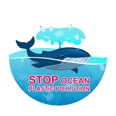 Stop plastic pollution in ocean flat concept icon. Whale and trash in sea water. Marine animal trapped in plastic garbage sticker, clipart. Isolated cartoon illustration on white background