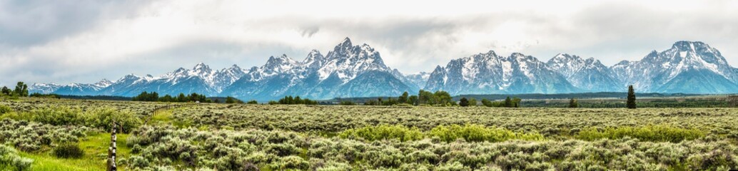Panoramic view of Grand Teton range in Grand Teton National Park
